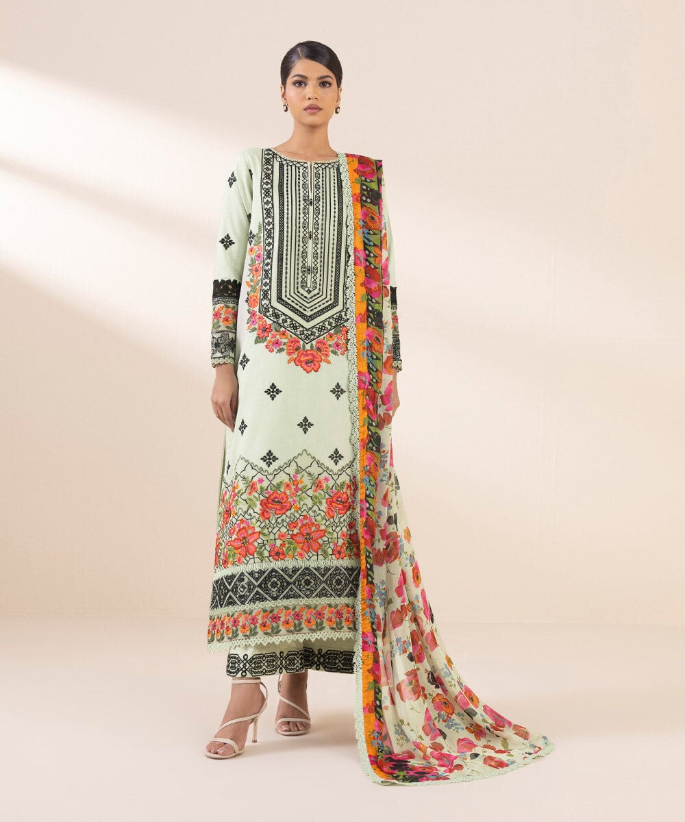 3 Piece - Embroidered Cotton Satin Suit — Sapphire