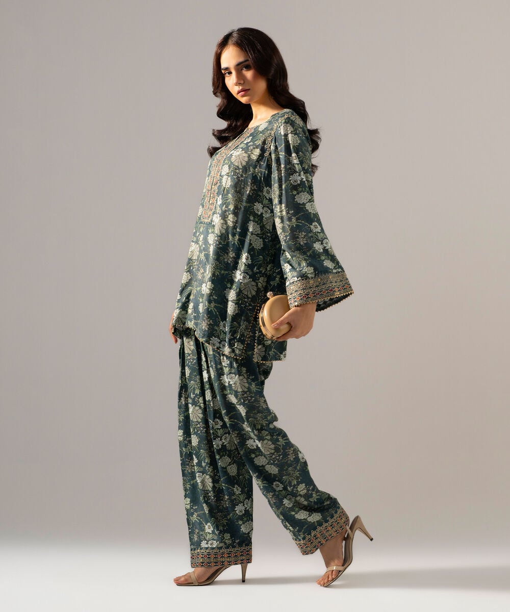 2 Piece - Embroidered Raw Silk Suit โ Sapphire view 3
