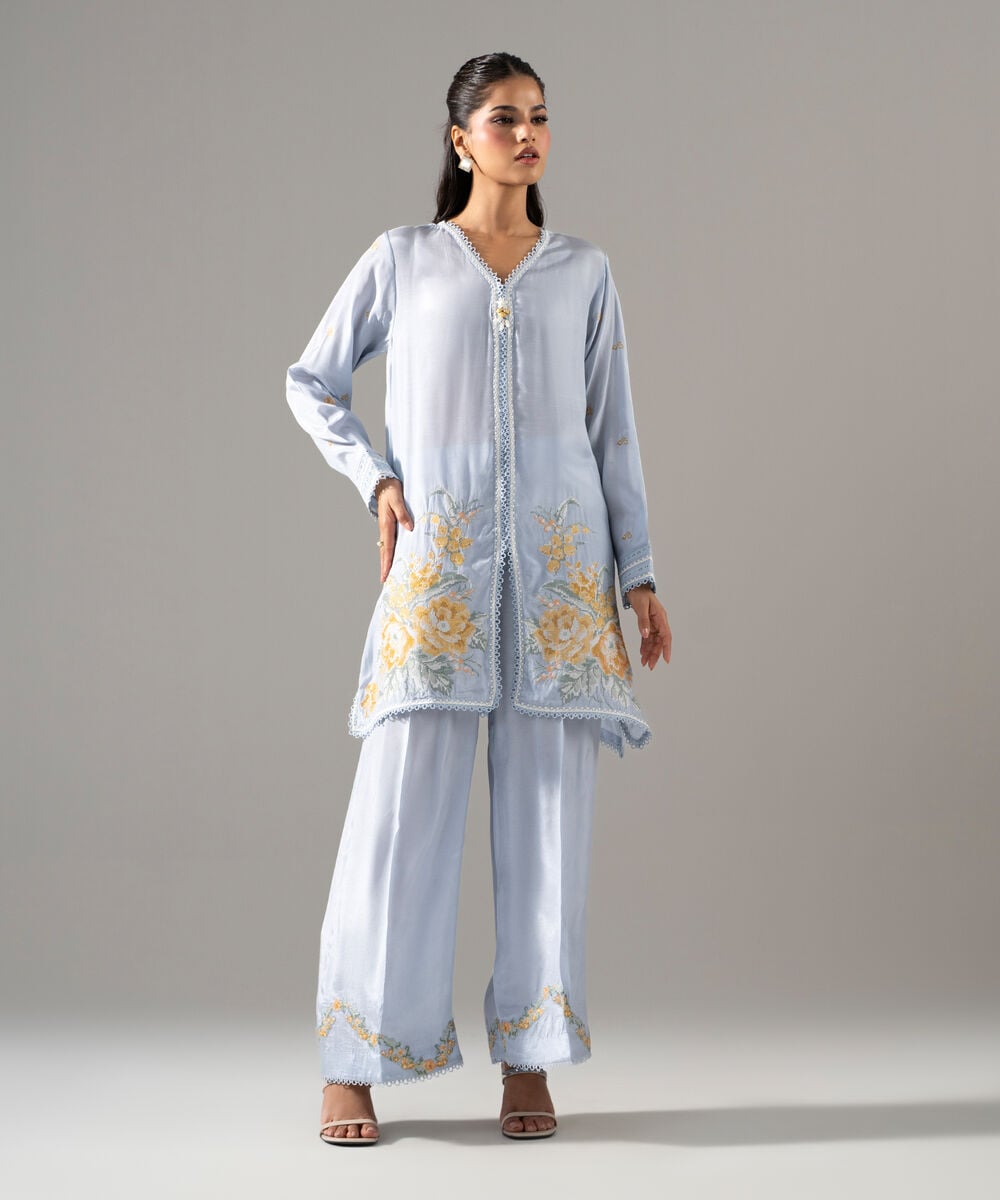 2 Piece - Embroidered Thai Silk Suit — Sapphire view 3