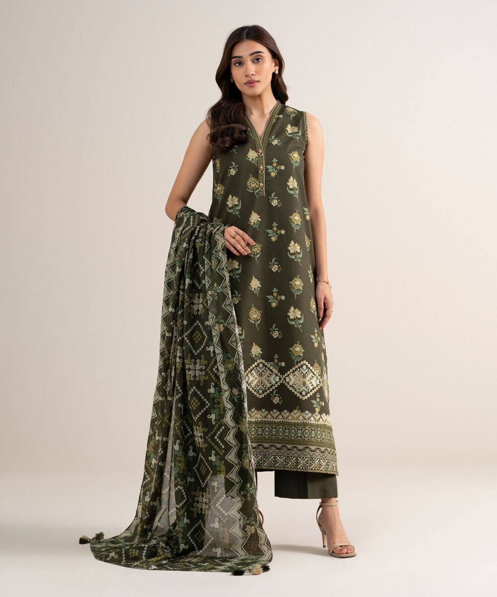 3 Piece - Embroidered Cotton Suit — Sapphire