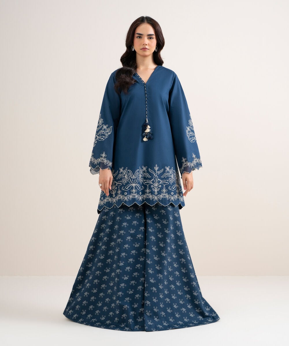 2 Piece - Embroidered Cotton Suit — Sapphire