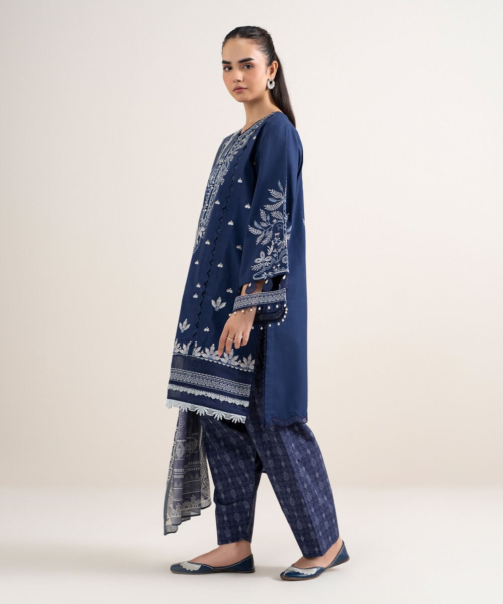 3 Piece - Embroidered Cotton Suit — Sapphire view 3