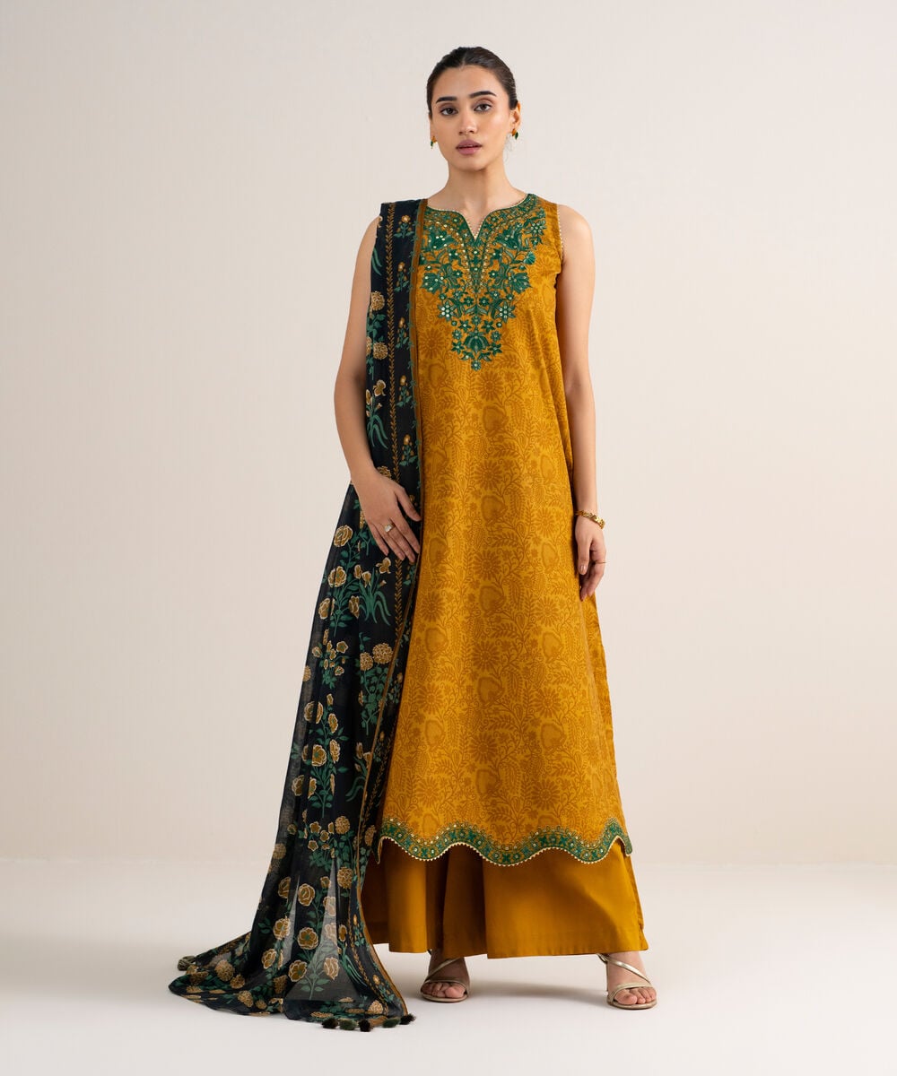 3 Piece - Embroidered Cotton Suit — Sapphire