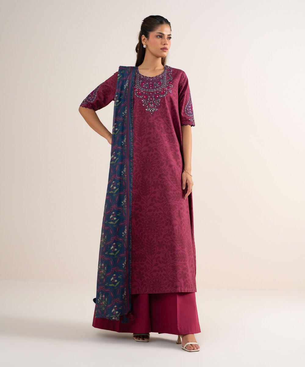 3 Piece - Embroidered Cotton Suit — Sapphire view 3