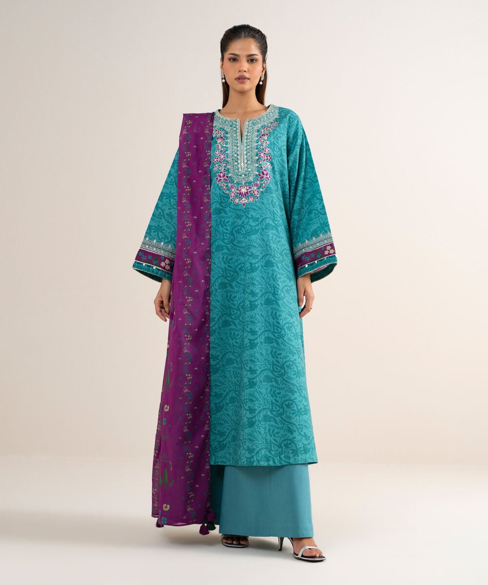 3 Piece - Embroidered Cotton Suit — Sapphire