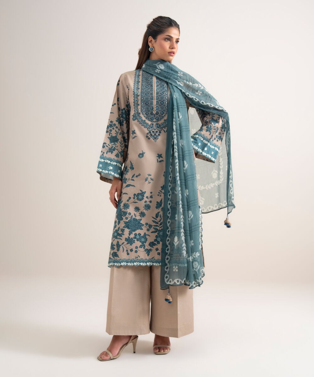 3 Piece - Embroidered Cotton Suit — Sapphire