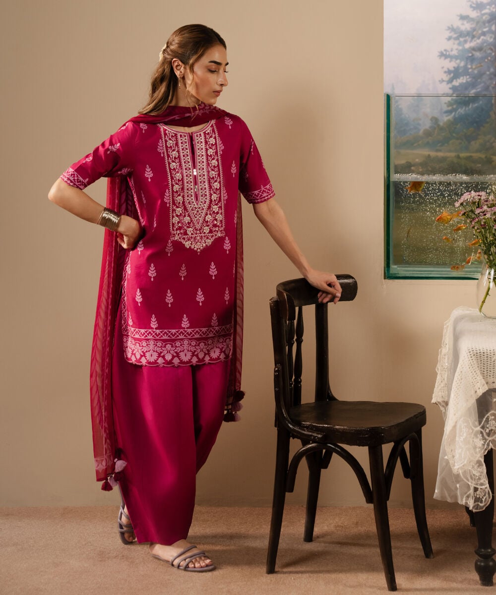 3 Piece - Embroidered Cotton Suit — Sapphire
