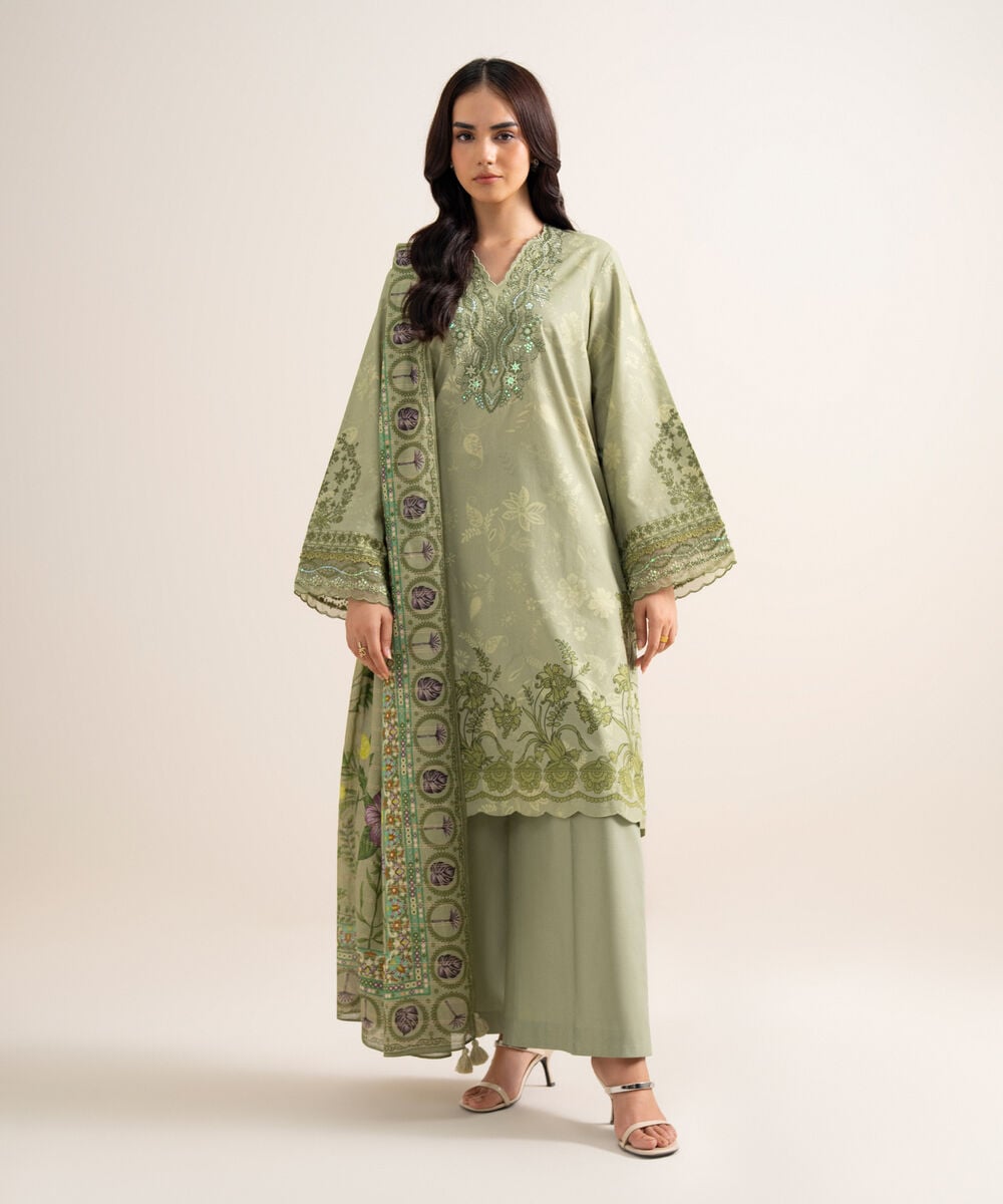 3 Piece - Embroidered Cotton Suit — Sapphire