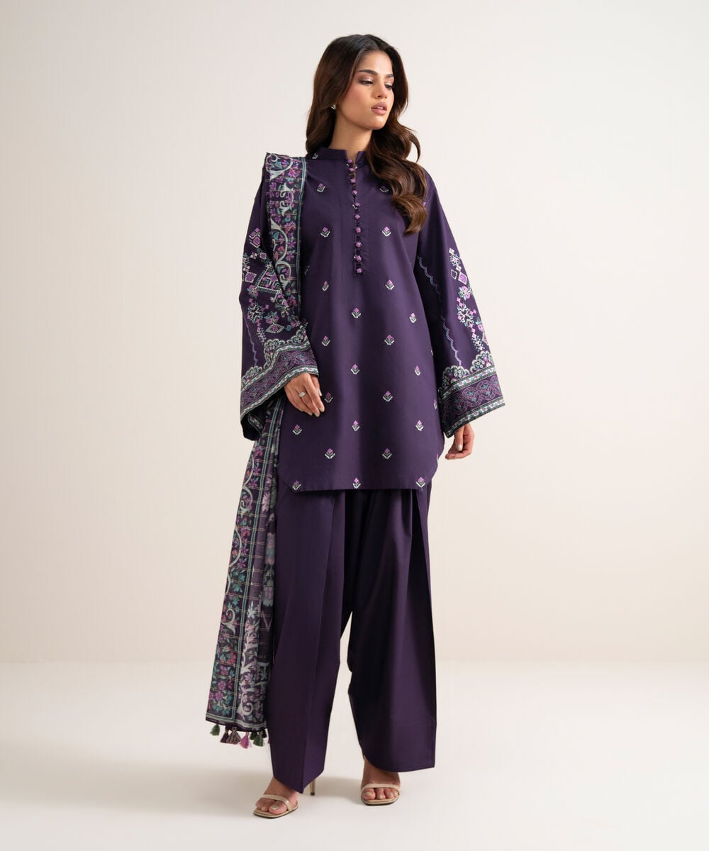 3 Piece - Embroidered Cotton Suit — Sapphire