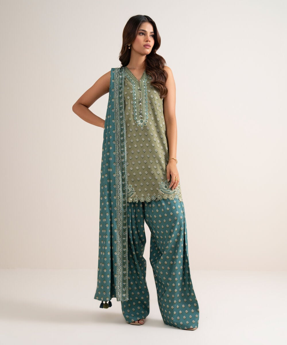 3 Piece - Embroidered Linen Suit — Sapphire