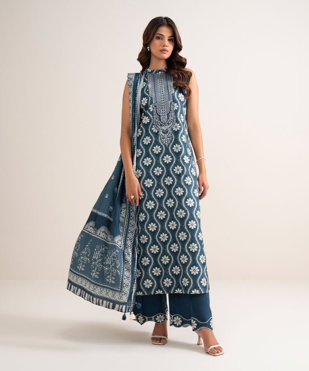 3 Piece - Embroidered Linen Suit — Sapphire