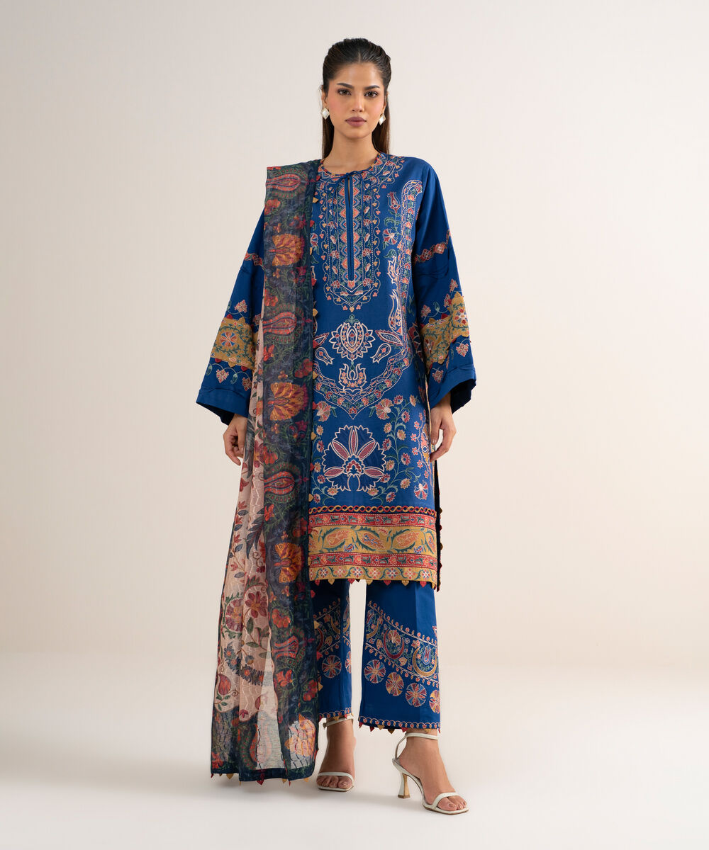 3 Piece - Embroidered Lawn Suit — Sapphire view 3