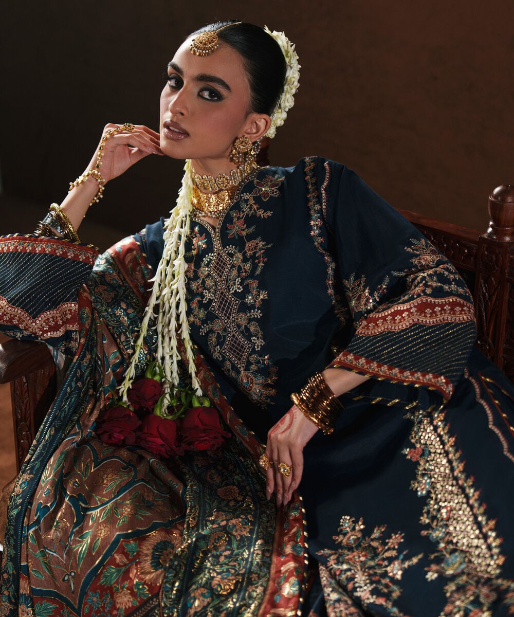 3 Piece - Embroidered Raw Silk Suit — Sapphire