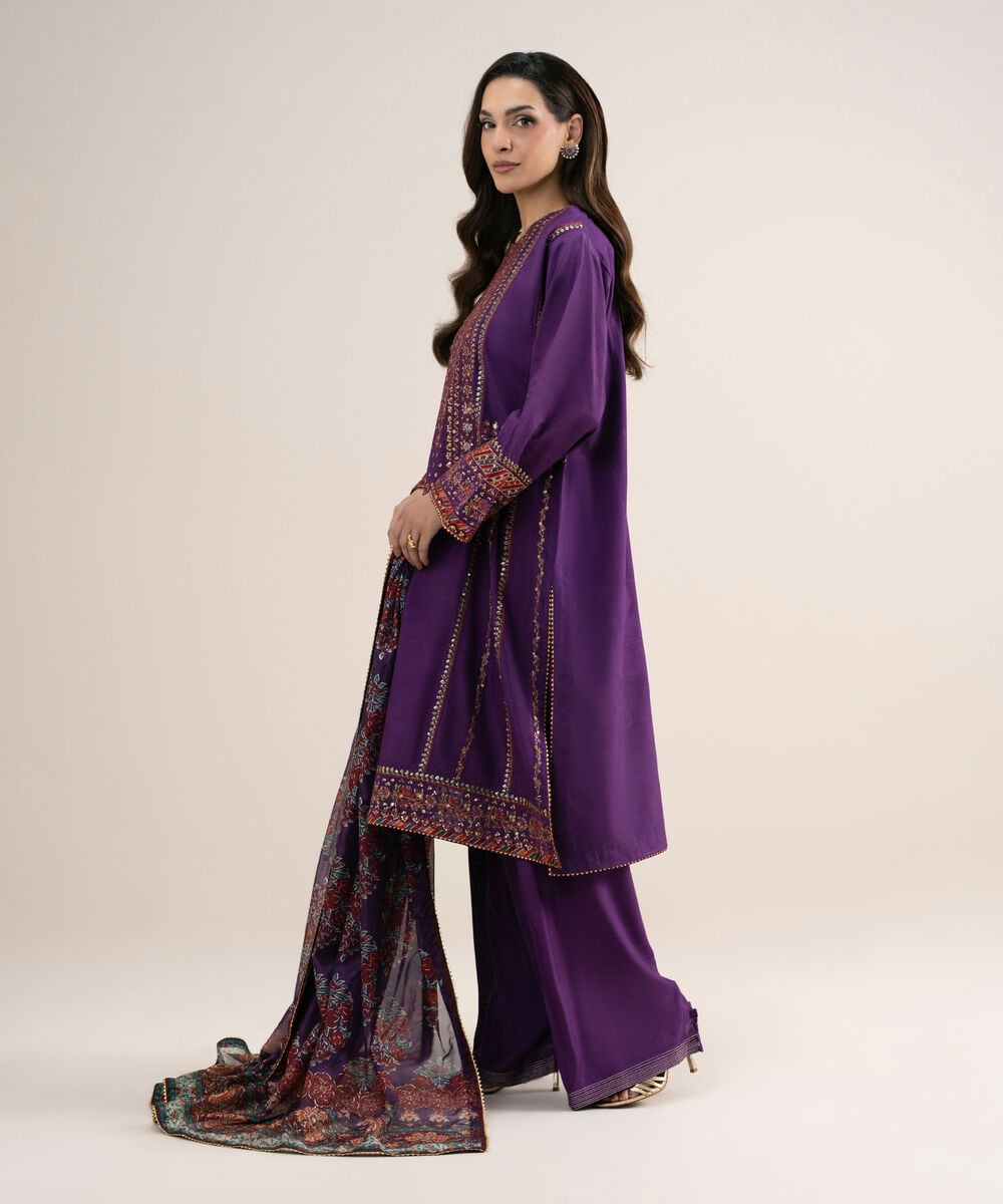 3 Piece - Embroidered Raw Silk Suit — Sapphire view 3