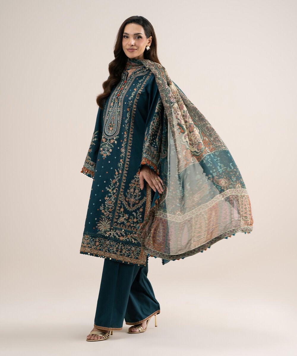 3 Piece - Embroidered Cotton Satin Suit โ Sapphire view 3