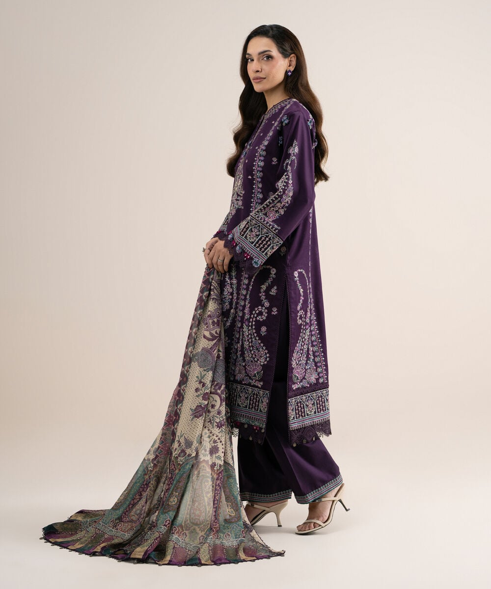 3 Piece - Embroidered Cotton Satin Suit โ Sapphire view 3