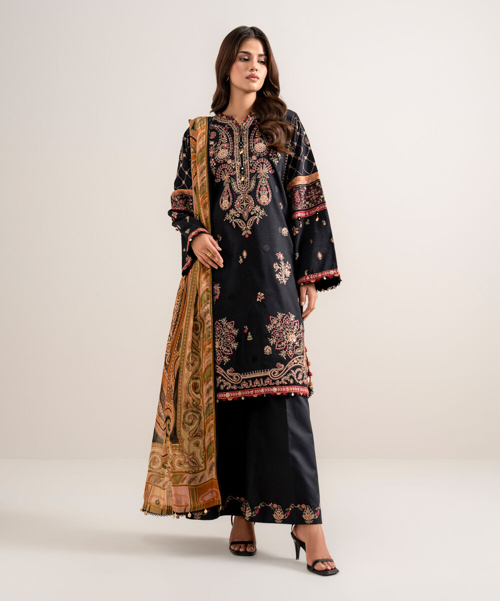 3 Piece - Embroidered Cotton Satin Suit — Sapphire