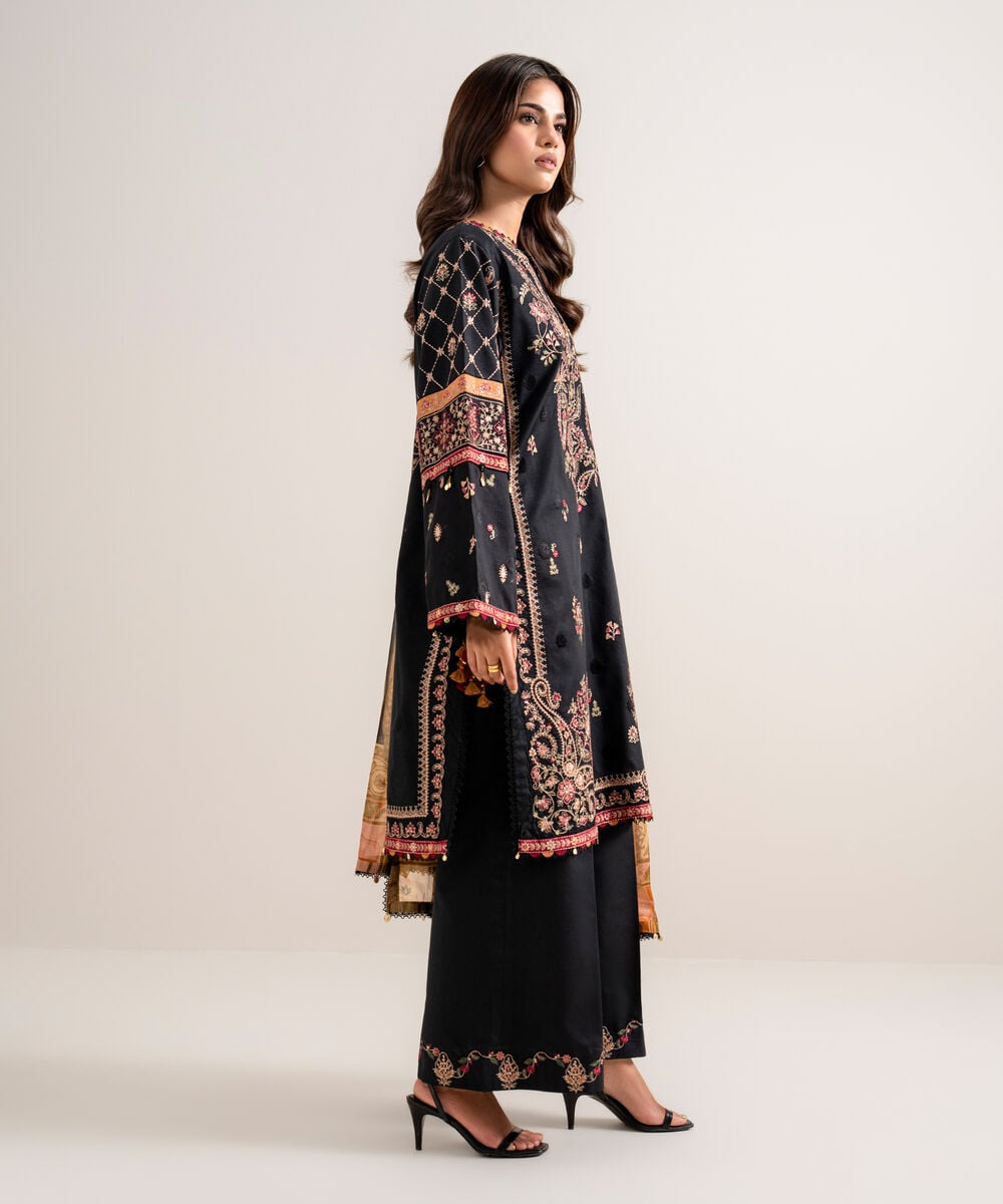 3 Piece - Embroidered Cotton Satin Suit โ Sapphire view 3