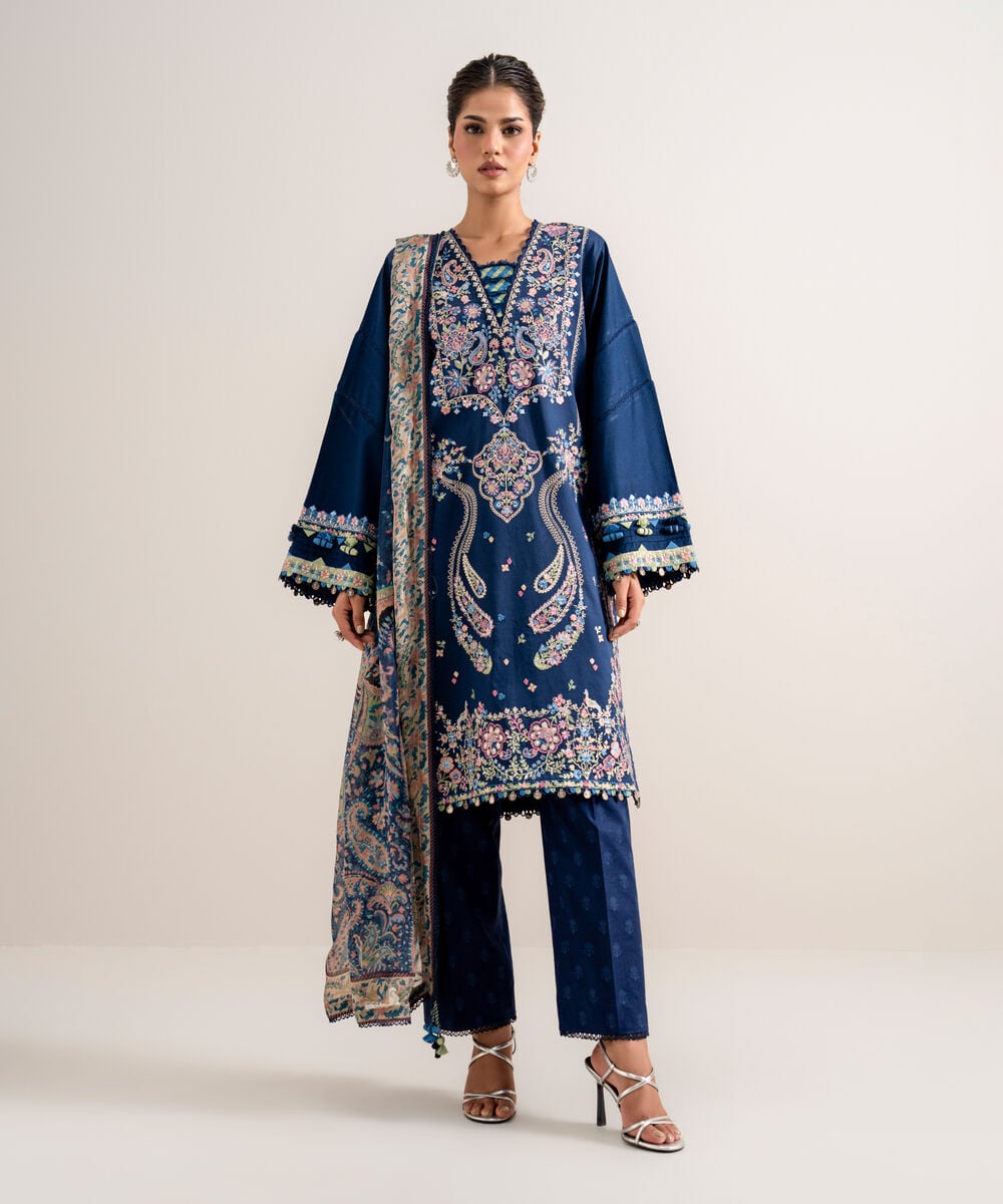 3 Piece - Embroidered Cotton Satin Suit — Sapphire