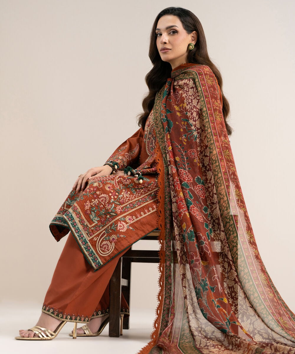 3 Piece - Embroidered Cotton Satin Suit โ Sapphire view 3