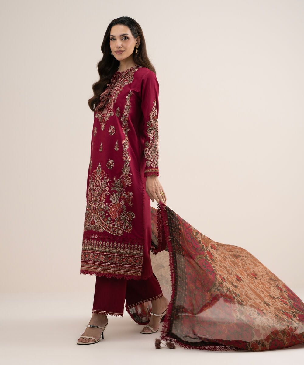 3 Piece - Embroidered Cotton Satin Suit โ Sapphire view 3