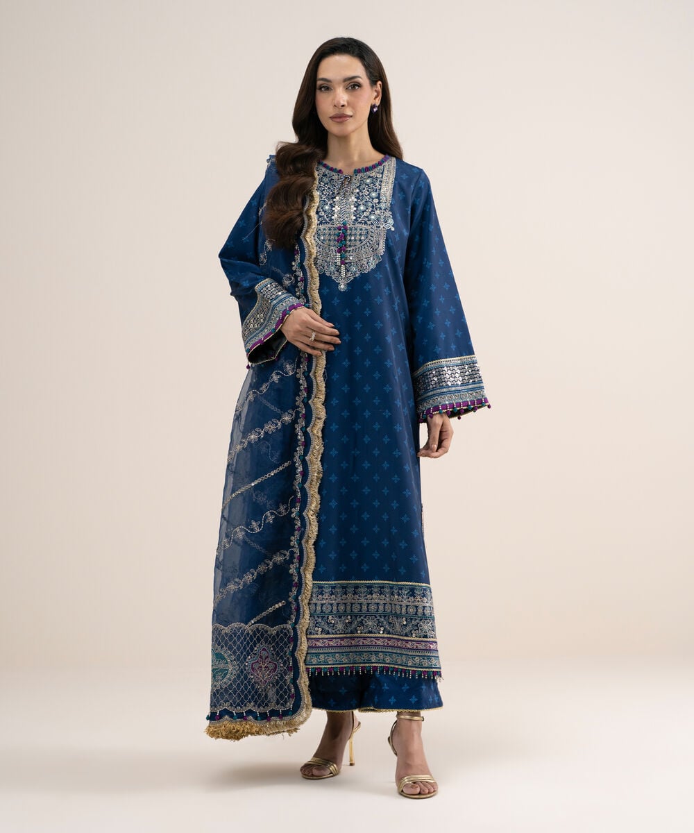 3 Piece - Embroidered Silk Suit — Sapphire