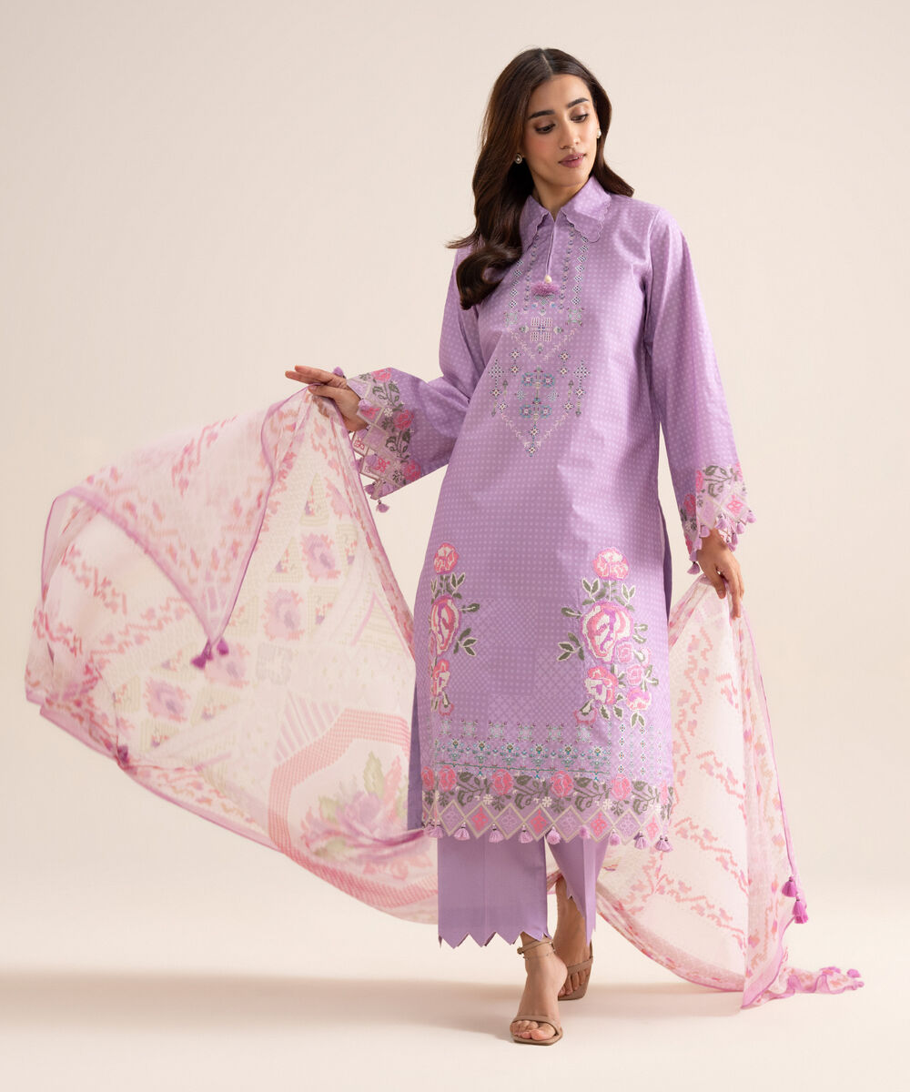 3 Piece - Embroidered Zari Cotton Suit — Sapphire