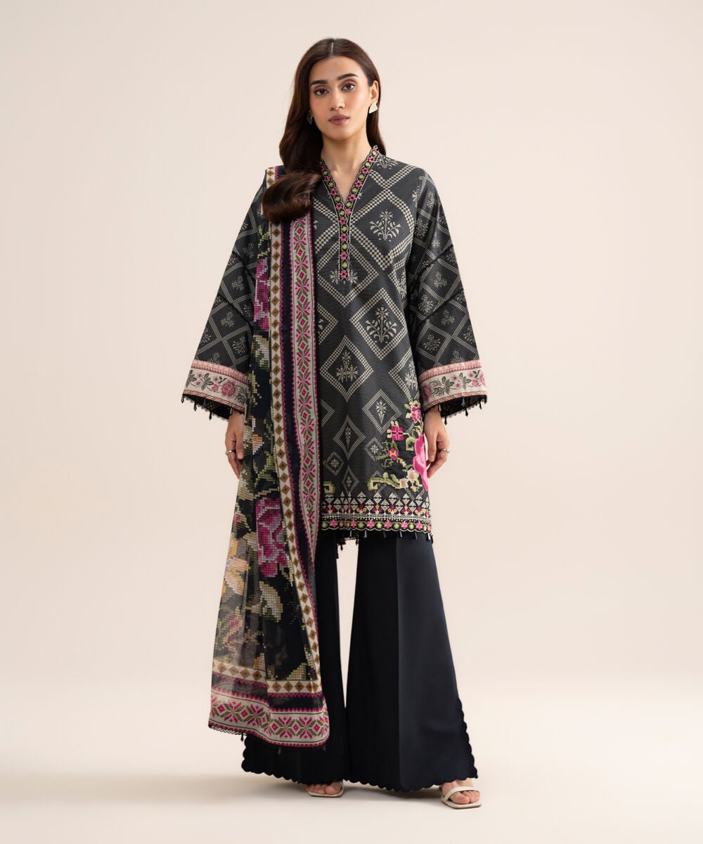 3 Piece - Embroidered Zari Cotton Suit — Sapphire
