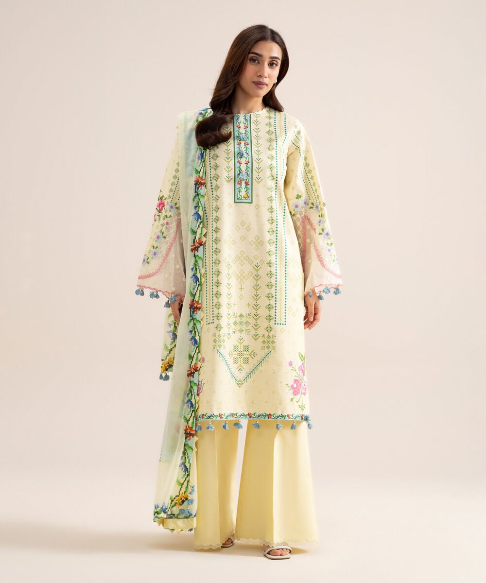 3 Piece - Embroidered Zari Cotton Suit โ Sapphire view 3