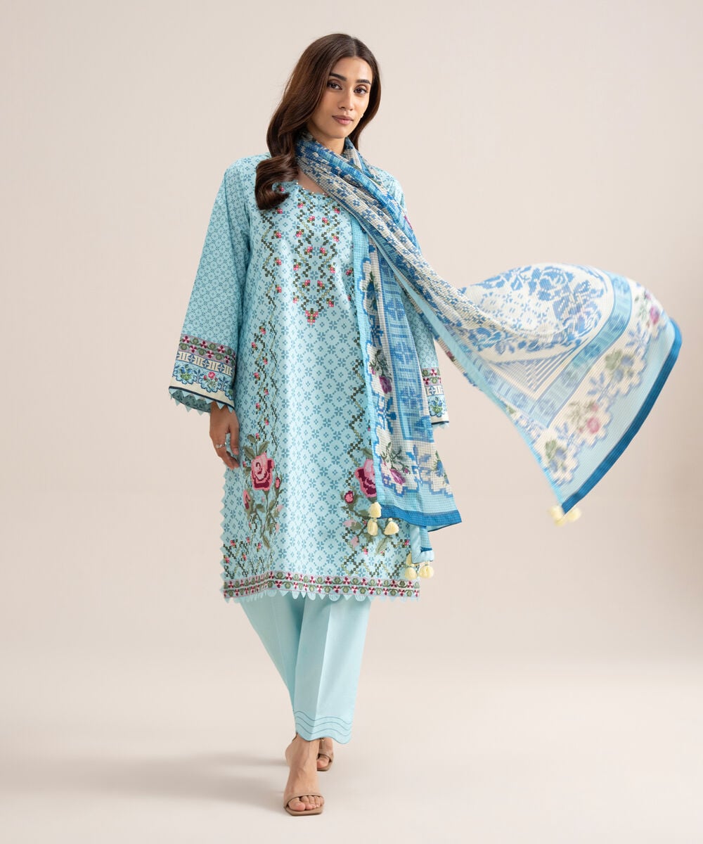 3 Piece - Embroidered Zari Cotton Suit — Sapphire