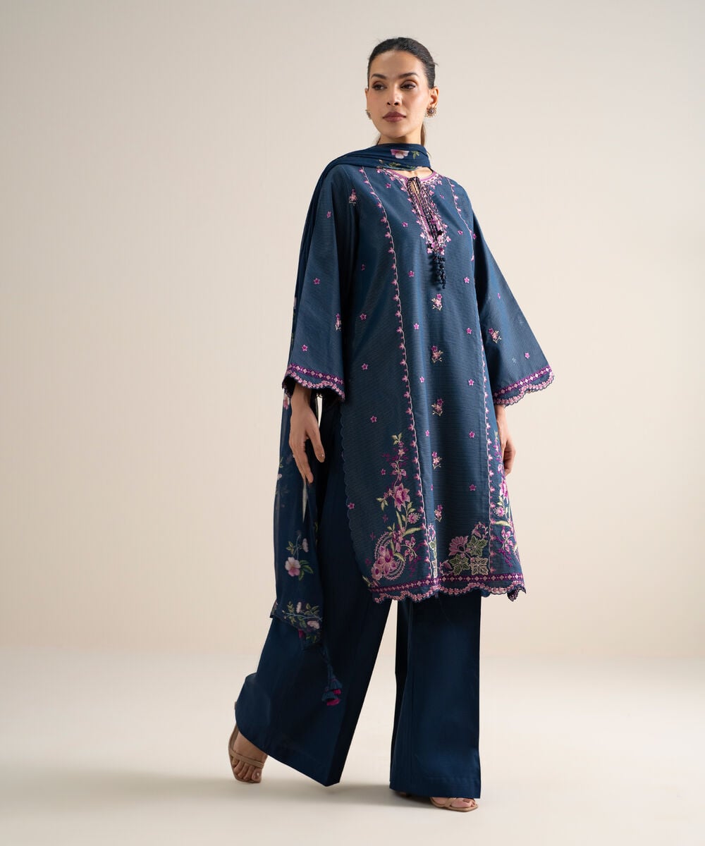 3 Piece - Embroidered Zari Lawn Suit โ Sapphire view 3