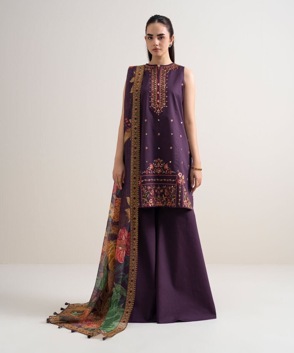 3 Piece - Embroidered Cotton Satin Suit — Sapphire