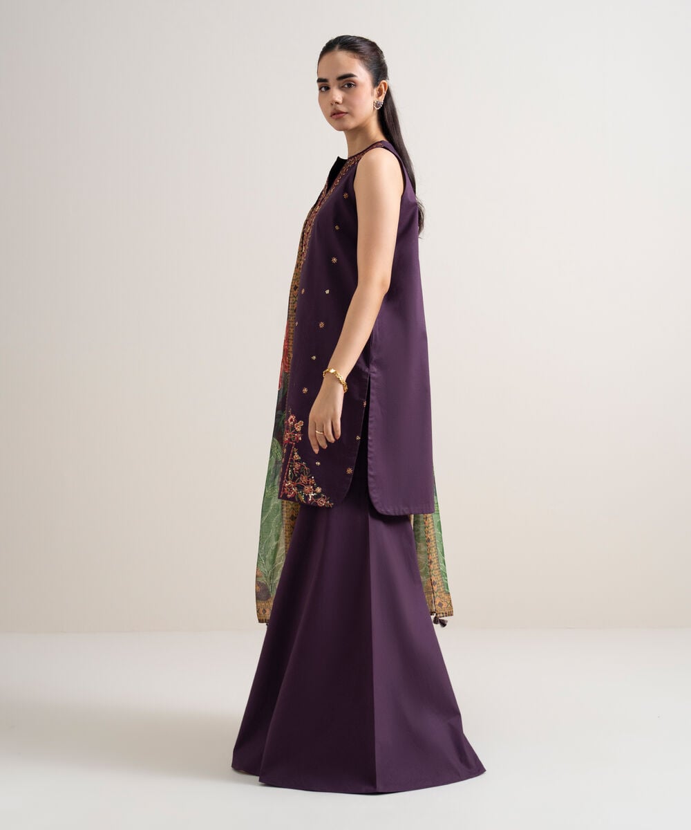 3 Piece - Embroidered Cotton Satin Suit โ Sapphire view 3