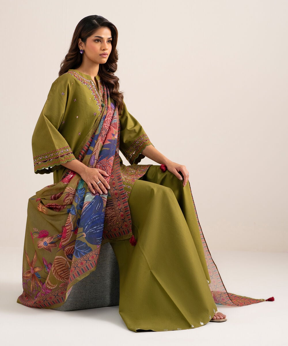3 Piece - Embroidered Cotton Satin Suit — Sapphire