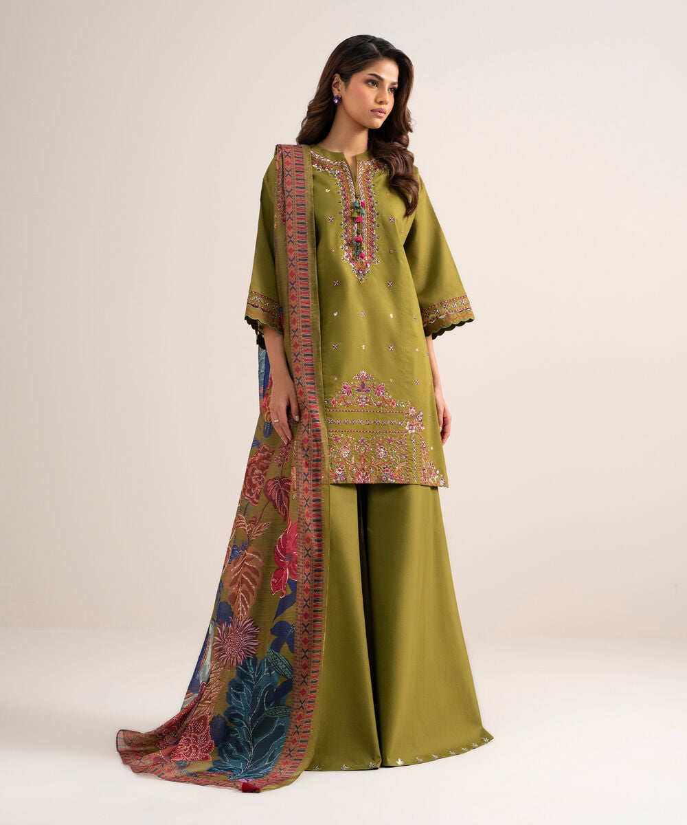 3 Piece - Embroidered Cotton Satin Suit โ Sapphire view 3