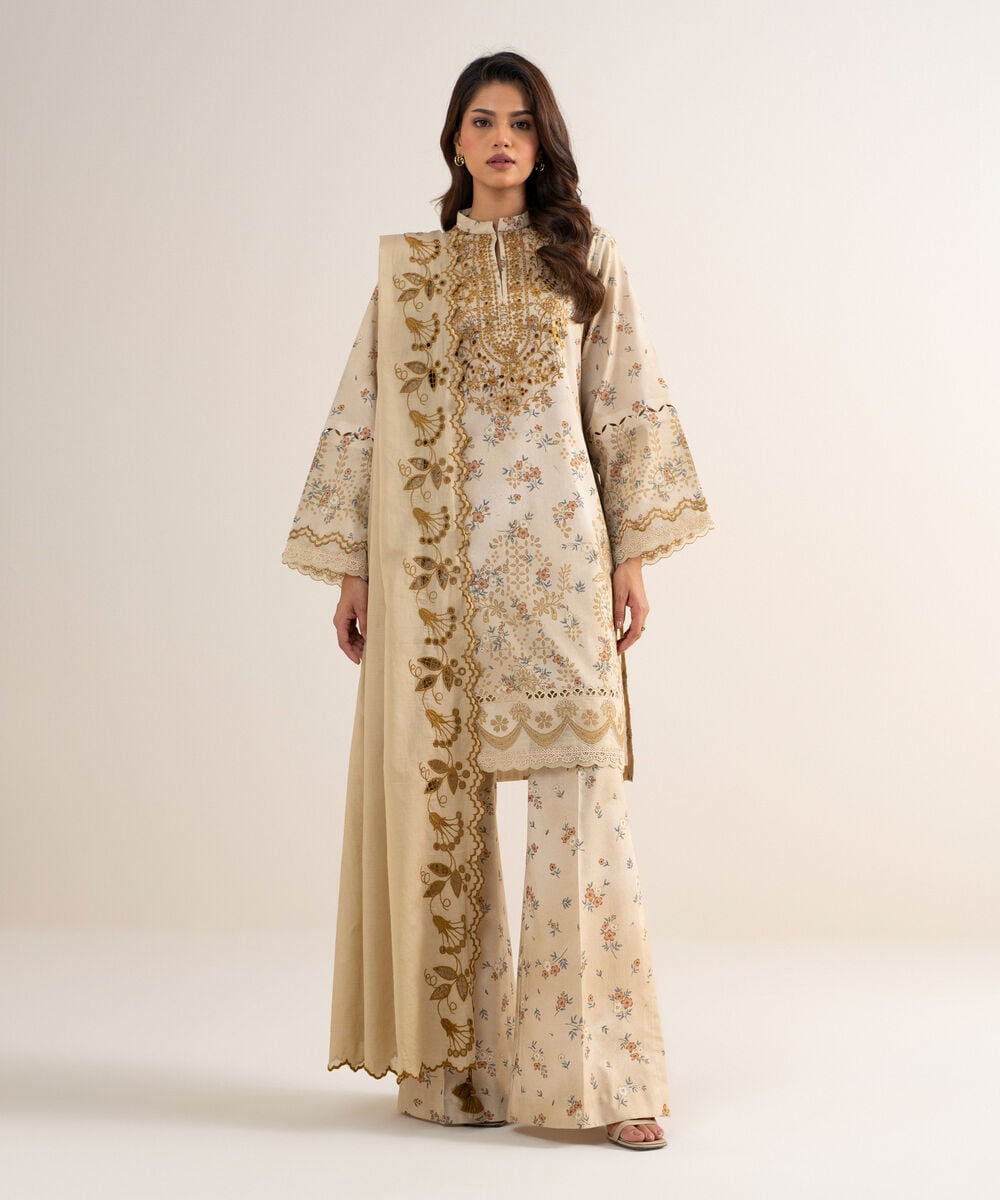 3 Piece - Embroidered Cotton Satin Suit — Sapphire
