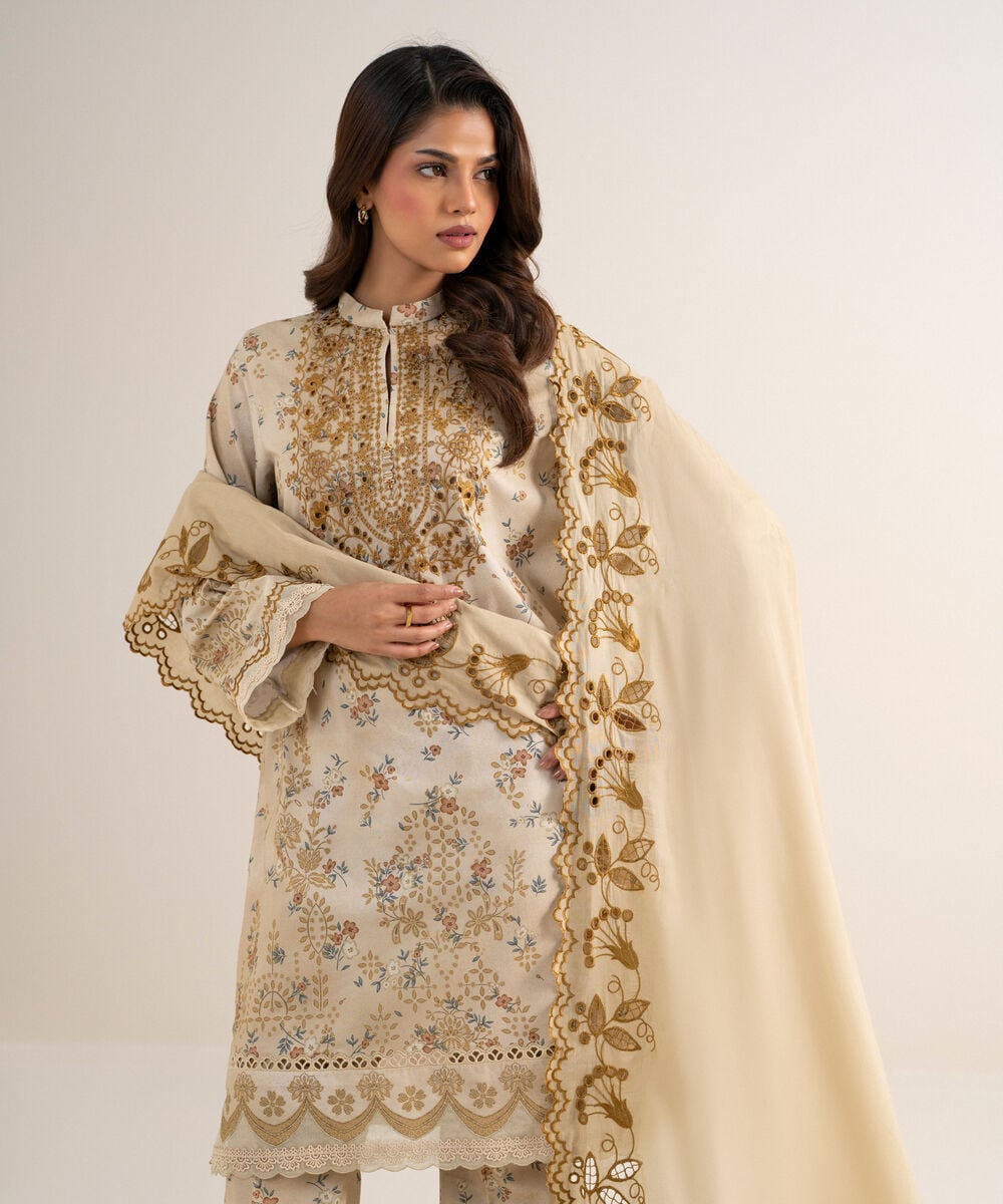 3 Piece - Embroidered Cotton Satin Suit โ Sapphire view 3