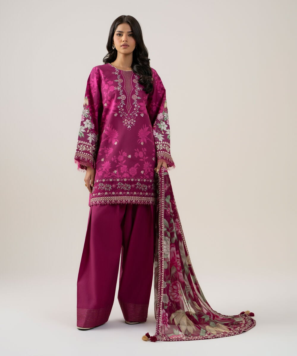 3 Piece - Embroidered Cotton Suit — Sapphire
