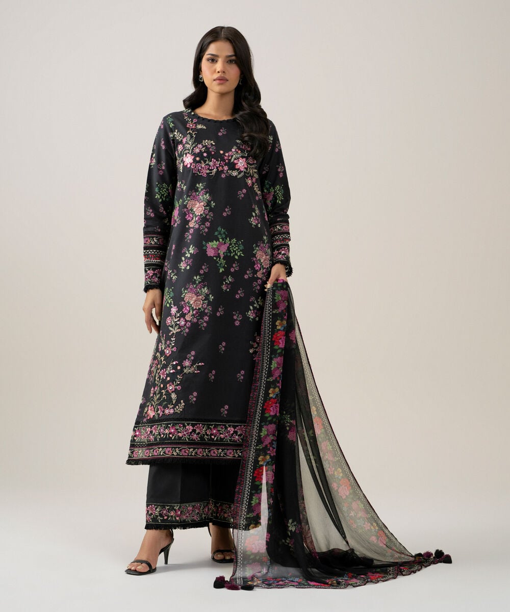 3 Piece - Embroidered Cotton Suit — Sapphire