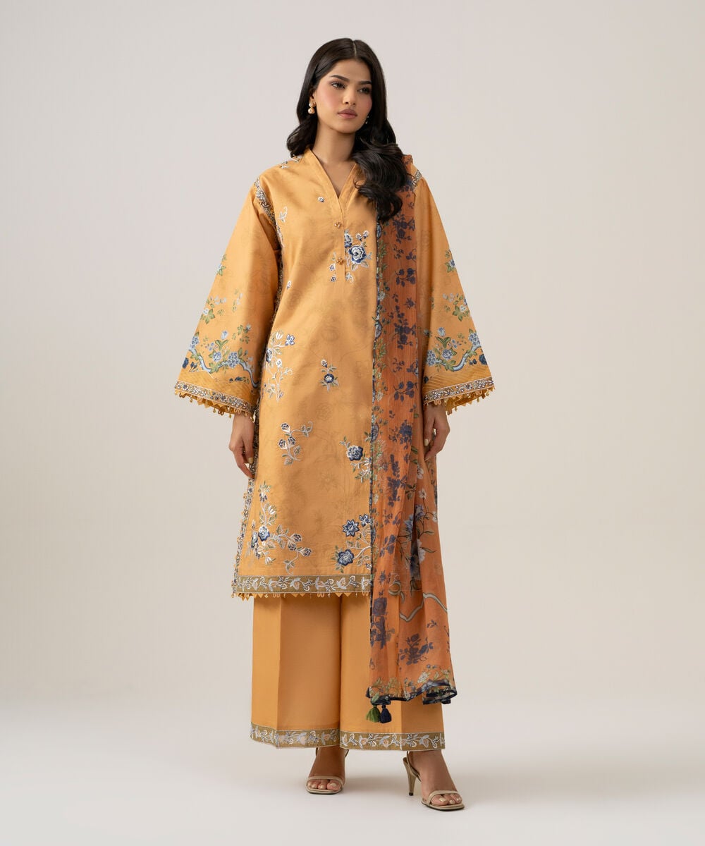3 Piece - Embroidered Cotton Suit — Sapphire