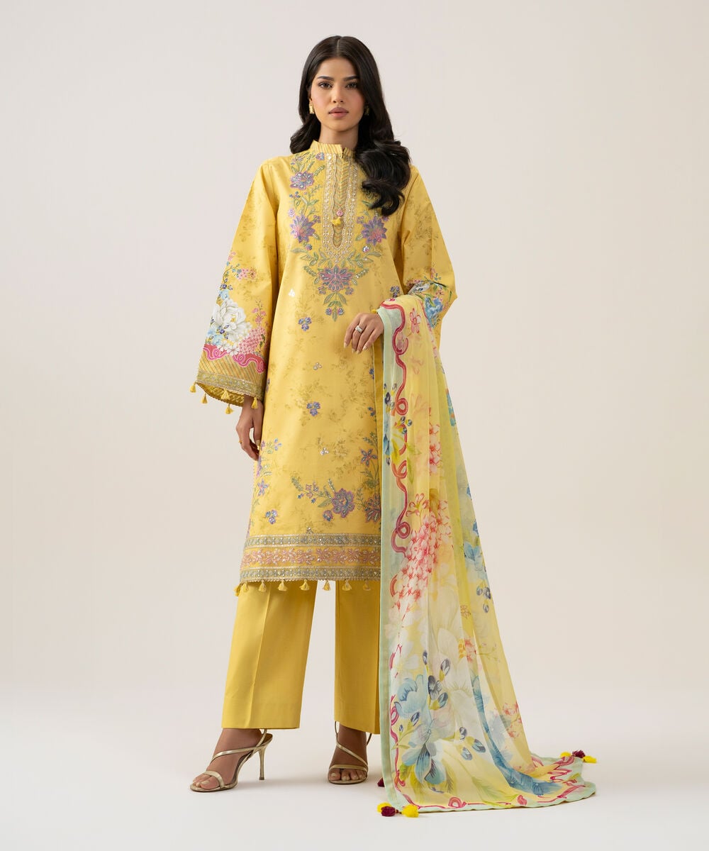 3 Piece - Embroidered Cotton Suit — Sapphire
