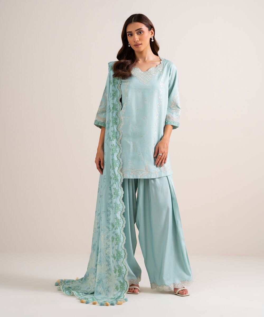 3 Piece - Embroidered Linen Suit — Sapphire
