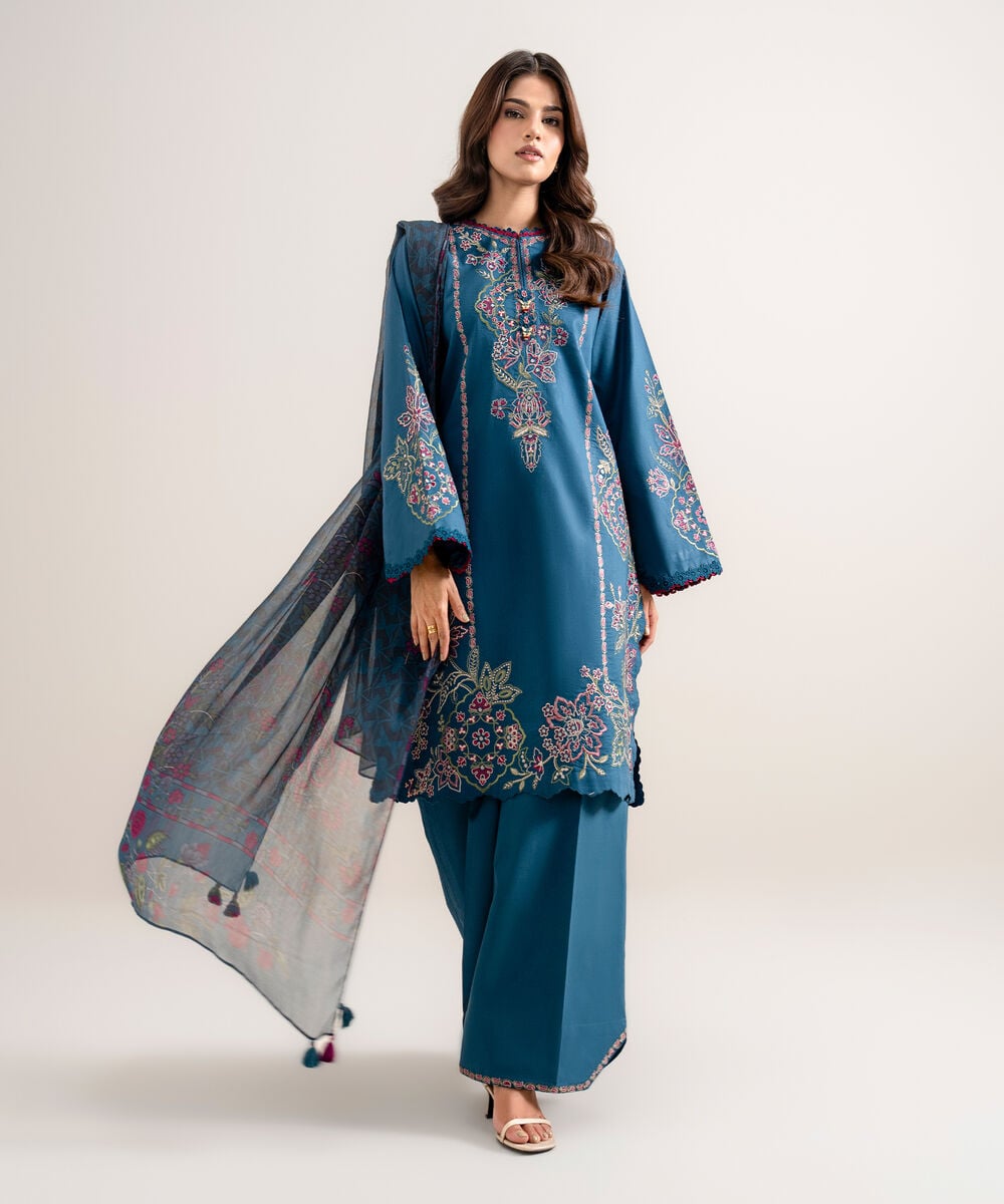 3 Piece - Embroidered Cotton Viscose Suit — Sapphire