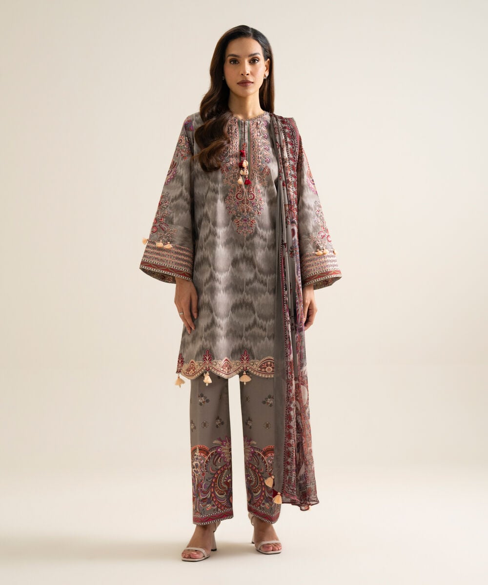 3 Piece - Embroidered Cotton Suit — Sapphire