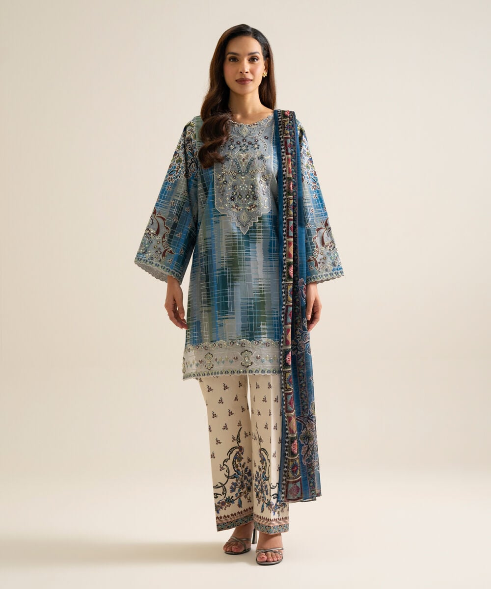 3 Piece - Embroidered Cotton Suit โ Sapphire view 3