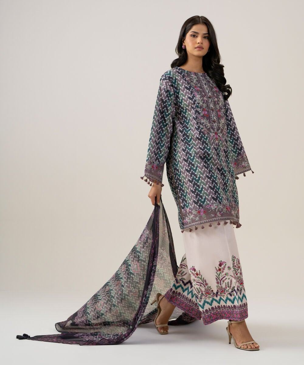3 Piece - Embroidered Cotton Suit — Sapphire