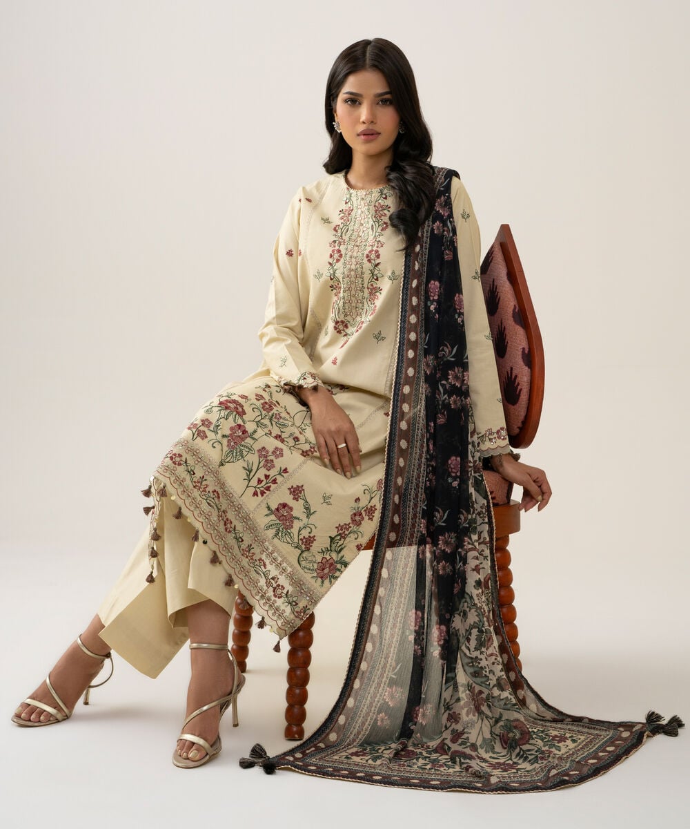 3 Piece - Embroidered Cotton Suit — Sapphire