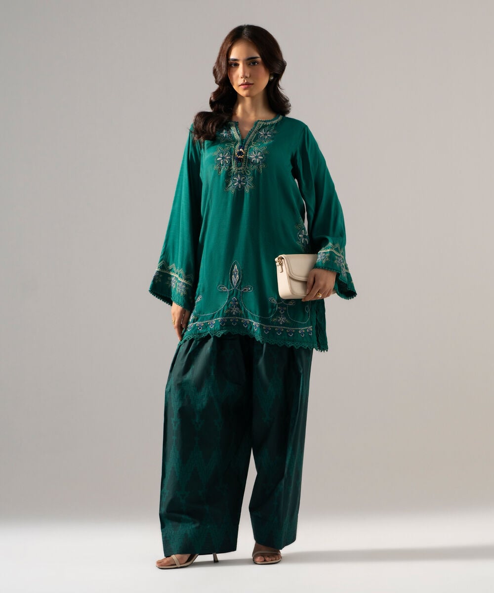 2 Piece - Embroidered Raw Silk Suit โ Sapphire view 3