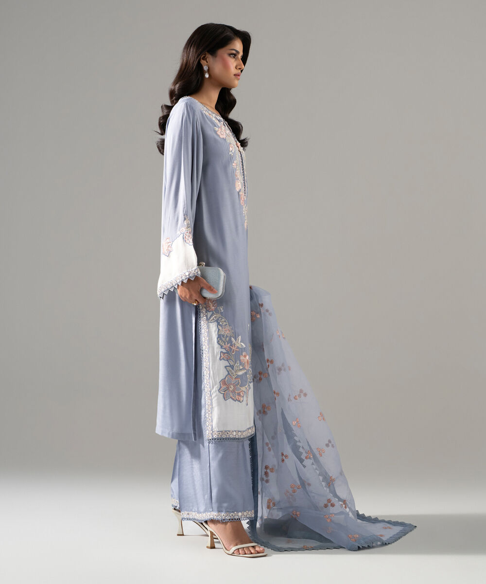 3 Piece - Embroidered Raw Silk Suit โ Sapphire view 3