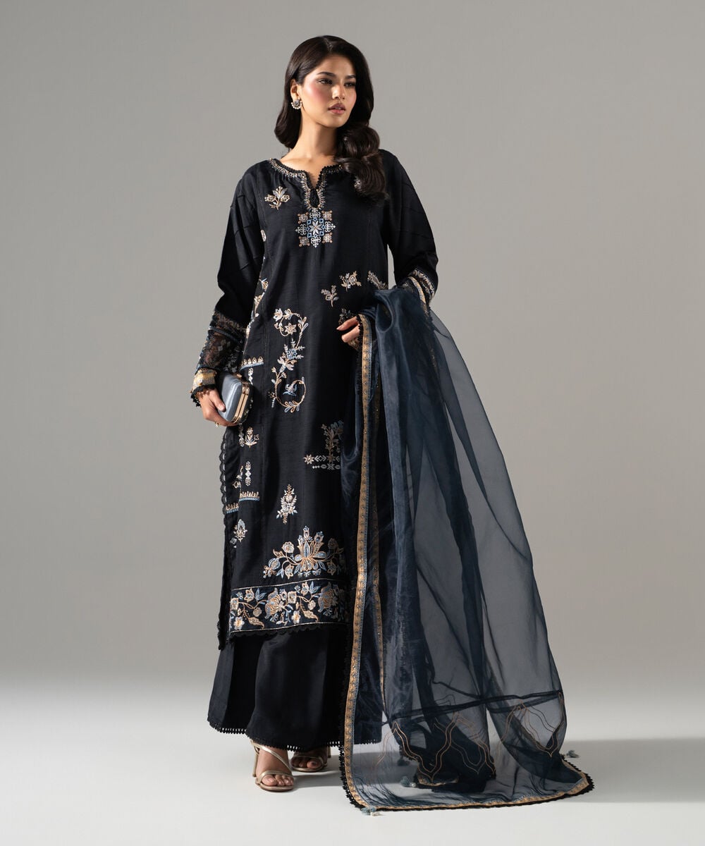 3 Piece - Embroidered Raw Silk Suit — Sapphire view 3